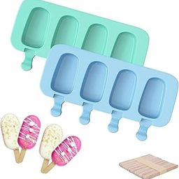 Skytail Silicone Big cakesicle Mould with 50 Wooden Sticks 4 Cavity Oval Shape Popsicle Mold Reusable Ice Pop Makers Ice Cream Kulfi Candy Lolly for Children & Adults Choco bar Mould Pack of (1)-2