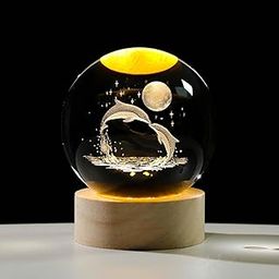 Hudux Glowing Crystal Ball 3D Inner Carved Small CrystalBall Light with Wood Base, Decorative Creative Gift Luminous Crystal Ball (Dolphine Moon 1 Color)-image-56