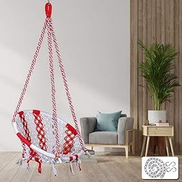 Patiofy Made in India Cotton Round Swing-Hanging Cotton Chair Swing with Accessories & Strong 3 ft. Chain for Indoor & Outdoor/150 Kg Capacity/Swing Chair for Kids and Adults (66x45x148 cm, White-Red)-picture-12