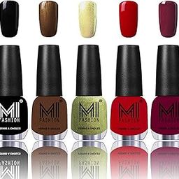 MI Fashion® 7 Days Lasting Premium Nail Polish Shades - Jet Black,Brown Coffee,Metallic Olive Green,Sinfully Red,Deep Red-68