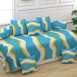 Cotton Fabric 400TC Diwan Set (60X90 Inch Bedsheet 16x16inch Cushion Covers 18x28 inch Bolster Covers) (Blue Lehar)-image-48