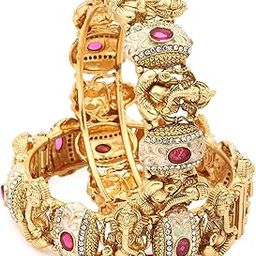 18k Gold Plated Lord Ganesha Bangles for Women | Set of 2 Bangles Set | Ruby Diamonds Studded Jewellery | Latest Stylish Traditional Kada Bangles | Just Like Real Gold Temple Jewellery-2