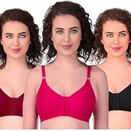Front Open Non-Padded Non-Wired Cotton Rich Bra Full Coverage Regular Wear | Adjustable Strap | Wire Free (Pack of 3) (Multicolor)-image-3
