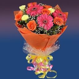 IFG's Beautiful Bouquet of Orange, Pink and Yellow Roses, Gerberas, Carnations, 12 pcs Fresh Flowers - Same Day Delivery-29