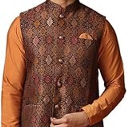 Men's Nehru Jacket, Black Jacquard, Woven Design Regular Fit Mandarin Collar Sleeveless-1