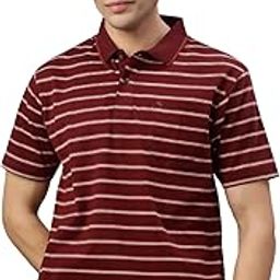 Mens Half Sleeve Burgundy/White Polo Neck Authentic Fit Striped T-Shirt-image-18