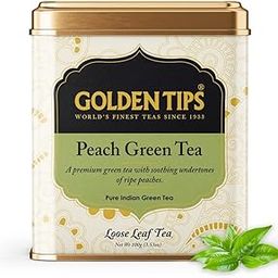 Golden Tips Premium Green Tea with Ripe Peach Flavor, Refreshing Antioxidant-Rich Loose Leaf Tea Tin Can, Aromatic & Fruity with Mild Color, Soothing Aftertaste (100 Gram, 50 cups)-52
