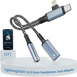 FKU Lightning/USBC to 3.5mm AUX Audio and USBC Charger Splitter[MFi Certified] Lightning USB C to 3.5mm Headphone Jack Adapter with PD 60W Fast Charging, iPhone Headphone Adapter for iPhone-picture-6