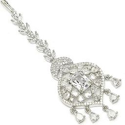Sparkling American Diamond Maang Tikka for Women | Elegant Floral Design Silver Plated Maang Tikka for Wedding - Traditional Head Jewellery for Women-12