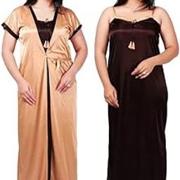 2 PCS Set Satin Maxi Night Dress Night Suits Nighty for Women-image-10