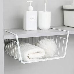 Wolpin Shelf Basket Multifunctional Storage Basket Kitchen Bathroom Storage Rack Under Cabinet Storage Organizer Basket Wire Rack Powder Coated Iron (White, Pack of 1, Hanging Shelves)-picture-21