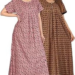 Nighty for Women Cotton Combo (Pack of 2) Nighty Gown Round Neck Short Sleeves Jaipuri Maxi Gown Printed Free Size-image-18