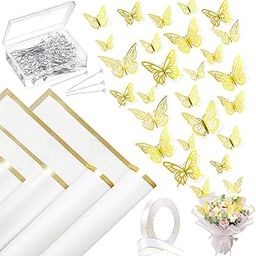 Gloreyan 20 Sheets Gold Edge Flower Wrapping Paper with 100 Pcs Corsage Bouquet Pins and 48 Pcs 3D Butterfly Decorations and 25 Yards Satin Ribbon, Waterproof Floral Arrangements Accessories（White）-image-2