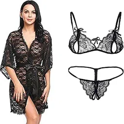 fihana Stylish Women's Satin Net Nighty with Bra and Panty Nightwear Set (Free Size)-picture-37