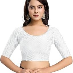 Avnils's Women's Dobby Pure Cotton Elastin Stretchable Readymade Round Neck Elbow Length Sleeves Blouse Choli with Textured Pattern (White, 34)-image-82