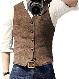 Mens Suit Vest Waistcoat Tweed Retro V Neck Wool Herringbone for Prom, Brown, Large-image-54