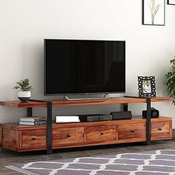 Rustic Sheesham Wood & Metal TV Unit with 5 Drawers, 1 Shelf, and Storage for up to 70-Inch TV – Perfect for Living Room (George, Honey Finish)-6