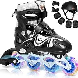 Papa Bear Adjustable Inline Skating Shoes with 6 Pcs Safety Kit Combo– Knee Elbow Pads & Wrist Guards | LED Wheels | Beginner Roller Skates Combo Set Large Size 10-14 Years Age for Boys & Girls-image-55