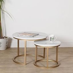 Priti Coffee Table Set of 2: Golden with White Marble Finish Table Tops, Sturdy Metal Frame, MRN Inodedustrial Design - Ideal for Living Room, Bedroom, Apartment,-image-77