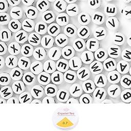 Ambitieux 350+ Round Alphabet Letter Black and White Beads for Bracelet Jewellery Making with 10m Elastic Thread (0.8mm) | Round, Cube and Heart Shape (Round White Black)-image-2