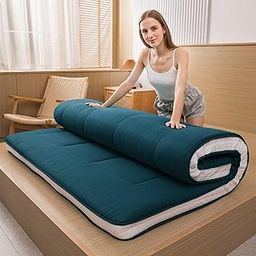 MAXYOYO Futon Mattress, Padded Japanese Floor Mattress Quilted Bed Mattress Topper, Extra Thick Folding Sleeping Pad Breathable Floor Lounger Guest Bed for Camping Couch, Bluestone, Queen-image-27
