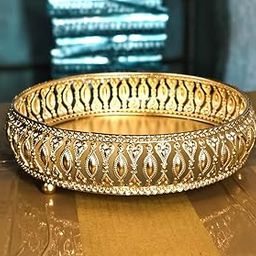 D.Glore Handicrafts Presented | Home Decor Golden Metal Round Serving Tray Etched Design Turkish Decorative Appetizer Platter for Coffee | Pooja | Vintage Tray | Gold | Size: 8x8 Inches.-0