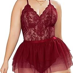 Plus Size Lingerie Womens Lace Teddy Babydoll V Neck Chemise Nighty with Detachable Mesh Mini Skirt-image-100