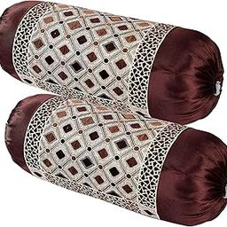 HSR Collection Decorative Chenille Bolster Pillow Cover, Round Pillow Cover Set of 2-32 x 16 inches | Brown-14