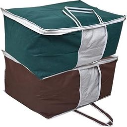 Yellow Weaves Combo of Underbed Storage Bag, Storage Organiser, Blanket Cover with Designer Handles (Green and Brown, Set 2)-2