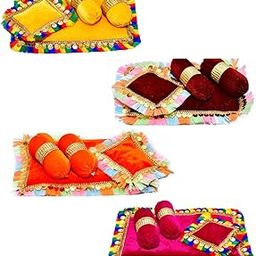 SAMRUDDHI Home Decor Laddu Bal Gopal Thakurji Bedding Set - Pack of 4 (Handcraft Aasan, Head & 2 Side Pillow Set) Laddu Gopal/Krishna ji Bister | Ladoo Gopal Aasan - Cotton/Velvet Material (Design 3)-2