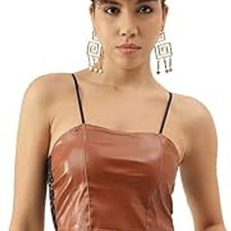 Women’s Padded Bra with Removable Pads Pu Shirred Back Leather Crop Cami Regular Fit Top-image-1