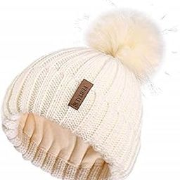 Women's Faux Fur Pom Pom Crochet Knitted Wool Skull Beanie Hat Cap (Beige)-image-26