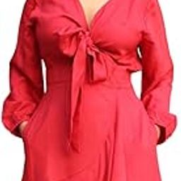 Women's V-Neck Solid Red Dress with Front Bow | Long Sleeve | Fit & Flare Style Brunch Outfit with Pockets-image-16