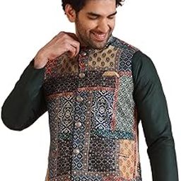 Men's Ethnic Wear Regular Fit Printed Cotton Blend Multi-Maroon Nehru Jacket-image-1