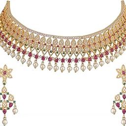 Antique Gold Plated Kavya Choker Set with Floral Design - Jewelry Set for Women Perfect for Ethnic occasion | Traditional Jewellery For Women-image-60
