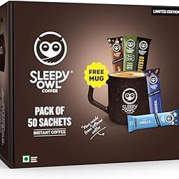Sleepy Owl Instant Coffee Gift Pack | 50 Coffee Sachets + Free Mug | Assorted Flavours: Original, French Vanilla, Hazelnut, Xpresso & Filter Kaapi | Perfect Premium Coffee Gift Set-image-43