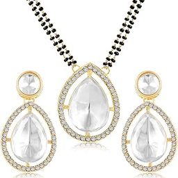 Gold Plated Cubic Zirconia Crystal & Black Beads Studded Mangalsutra & Drop Earrings Jewellery Anniversary Gift for Women-image-30