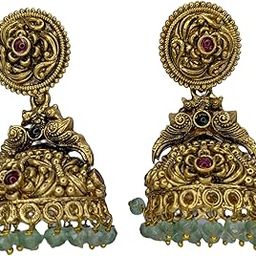 Antique Gold Jhumka Earrings with Ruby Stones, Green Beads, Traditional Design-image-2