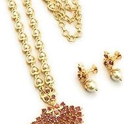 Gold Plated Brass 18 Inches Short Pearl Chain with Small Pendant and Tiny Earrings for Women & Girls-28