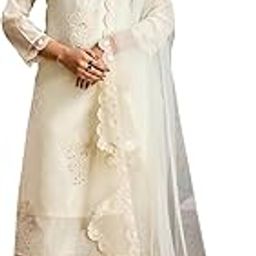 Beautiful White Thread Embroidered Chanderi Cotton Kurta With Silk Creap Trouser And All Over Lace Border Net Dupatta Set-image-48