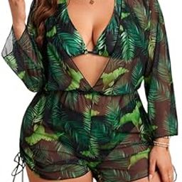 Plus Size Short Drawstring Side Halter Neck Bikini Set with Cover Up - XL - 8XL-picture-1