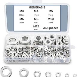 GENERASIS - 7 Sizes | 365 Pcs | Zinc Washer | M3 M4 M5 M6 M8 M10 M12 Hardware Zinc Plain Flat Washers for Screws Bolts | Fender Washers Assortment Set-28