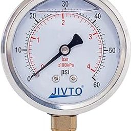JIVTO Pressure Gauge,Glycerin Liquid Filled,2-1/2" Dual Scale Dia,0-60 psi/bar/kpa,1/4" NPT Male Brass Connection,Lower Mount, Stainless Steel Case, Pneumatic,Pump,Hose,Well Tank,Gas Air Water Oil-21