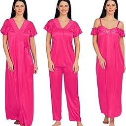 Apparels Solid Satin 4 Piece Nightwear Set (1 Robe, 1 Nighty, 1 Top, 1 Pyjama) for Women | Attractive & Stylish (Free Size, Rani)-image-39