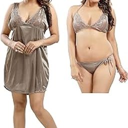 LIFE - TALE Women's Satin 3 Pc Baby Doll Lingerie Set-image-78