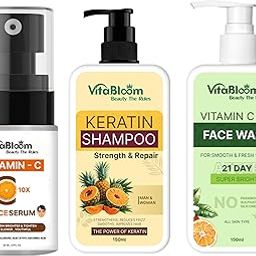 VitaBloom Skincare & Haircare Combo - Vitamin C Face Serum 30ml, Keratin Shampoo 150ml & Vitamin C+E Face Wash 150ml | Glow, Strengthen & Refresh - For All Skin Types-image-54