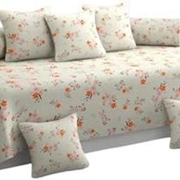 MANIQATEX Diwan Set 8 Pieces Cotton Printed Standard Diwan Set (1 Single Bedsheet, 2 Bolster Covers, 5 Cushion Covers) (White Floral)-image-64