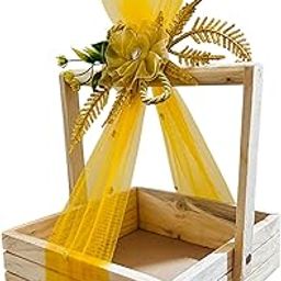 Small Size Pine Wood Empty Gift Hamper Basket MDF Base. 8x8x2.5" Inches (20x20x5.7 CM) with Net and Organza Flower-image-18