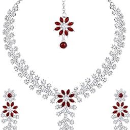 Rhodium Plated Ruby Red Diamond Necklace Jewelry Set for Women with Earrings, Maang Tikka – for Weddings, Parties, and Festivals (RRR1965)-image-42