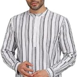 Men's Striped Cotton Short Kurta, Mandarin Collar, White and Grey, Long Sleeve (in, Alpha, M, Beige)-image-10